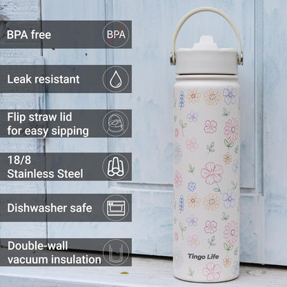 25oz Insulated Stainless Steel Aesthetic Cute Water Bottle - 2 Lids Included (Straw + Sport Handle), Leakproof BPA-Free, Dreamy Cream Cute Floral Design, Perfect Gym/Yoga/Office Companion