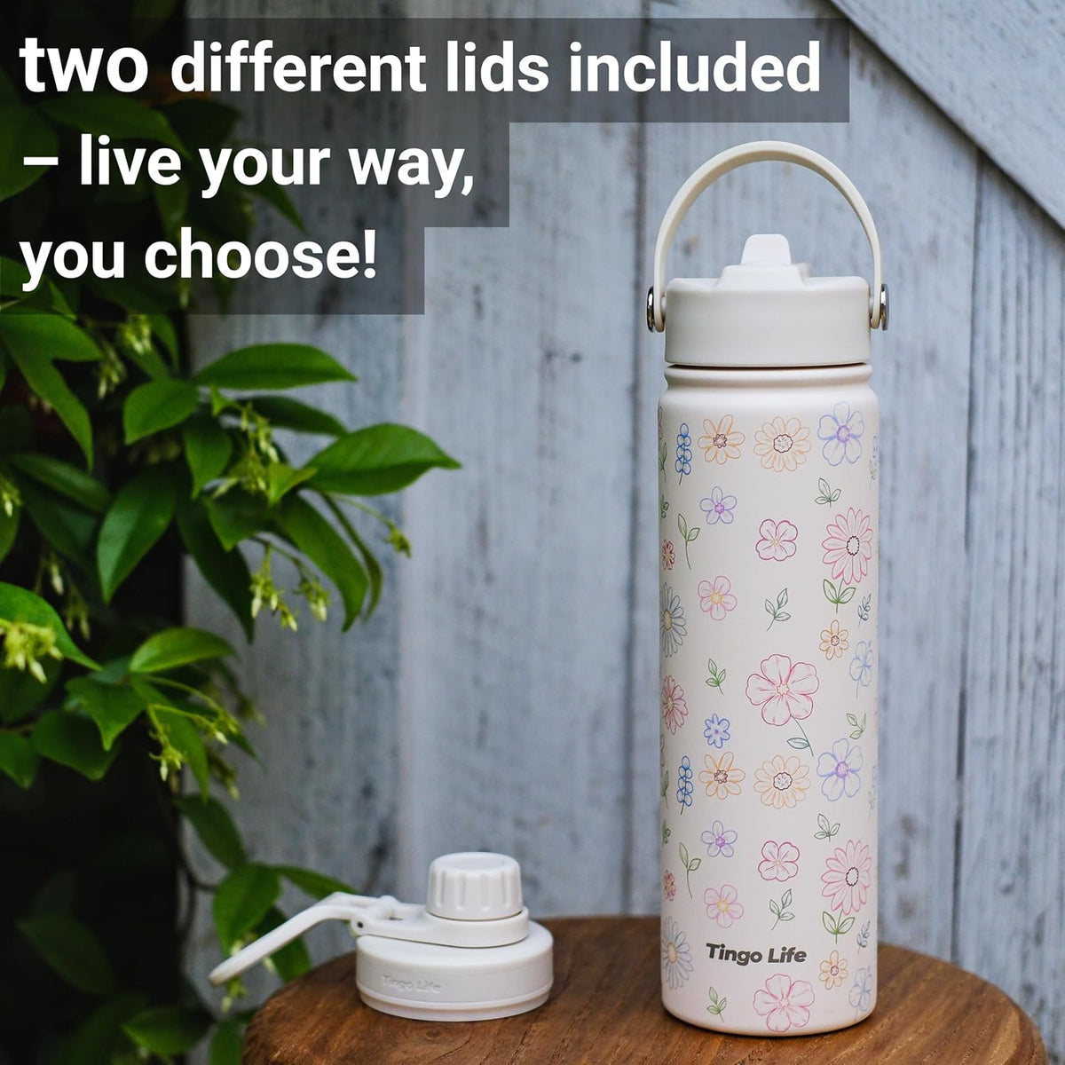 25oz Insulated Stainless Steel Aesthetic Cute Water Bottle - 2 Lids Included (Straw + Sport Handle), Leakproof BPA-Free, Dreamy Cream Cute Floral Design, Perfect Gym/Yoga/Office Companion