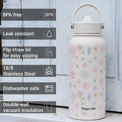 25oz Insulated Stainless Steel Aesthetic Cute Water Bottle - 2 Lids Included (Straw + Sport Handle), Leakproof BPA-Free, Dreamy Cream Cute Floral Design, Perfect Gym/Yoga/Office Companion