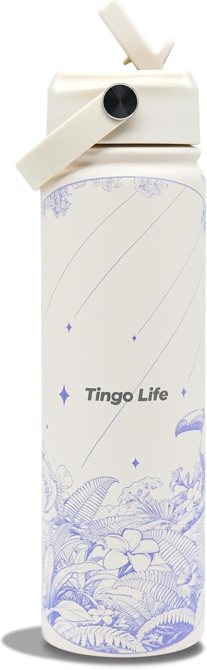 25oz Insulated Stainless Steel Aesthetic Cute Water Bottle - 2 Lids Included (Straw + Sport Handle), Leakproof BPA-Free, Dreamy Cream Cute Floral Design, Perfect Gym/Yoga/Office Companion
