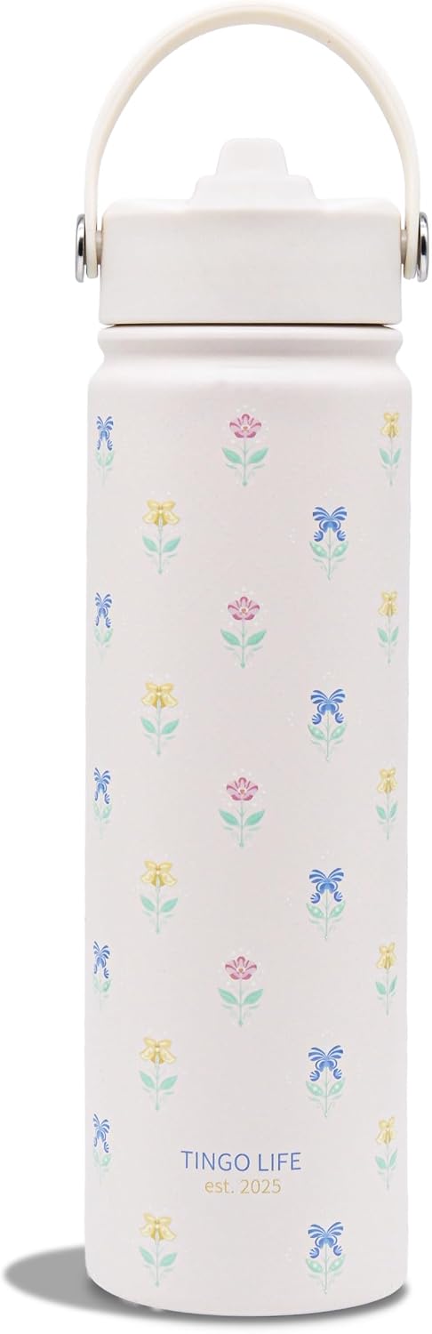 25oz Insulated Stainless Steel Aesthetic Cute Water Bottle - 2 Lids Included (Straw + Sport Handle), Leakproof BPA-Free, Dreamy Cream Cute Floral Design, Perfect Gym/Yoga/Office Companion