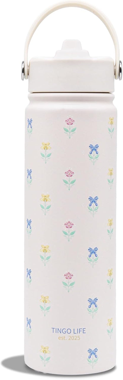25oz Insulated Stainless Steel Aesthetic Cute Water Bottle - 2 Lids Included (Straw + Sport Handle), Leakproof BPA-Free, Dreamy Cream Cute Floral Design, Perfect Gym/Yoga/Office Companion