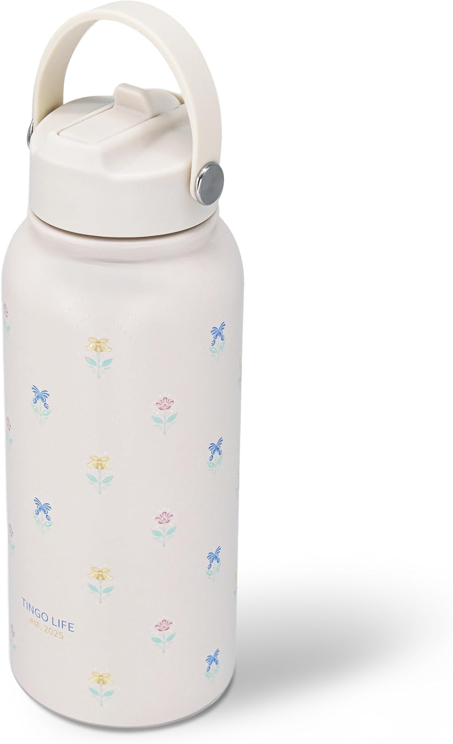25oz Insulated Stainless Steel Aesthetic Cute Water Bottle - 2 Lids Included (Straw + Sport Handle), Leakproof BPA-Free, Dreamy Cream Cute Floral Design, Perfect Gym/Yoga/Office Companion