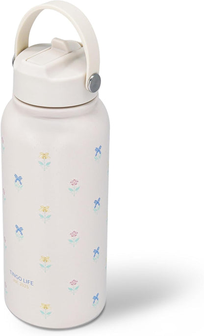 25oz Insulated Stainless Steel Aesthetic Cute Water Bottle - 2 Lids Included (Straw + Sport Handle), Leakproof BPA-Free, Dreamy Cream Cute Floral Design, Perfect Gym/Yoga/Office Companion