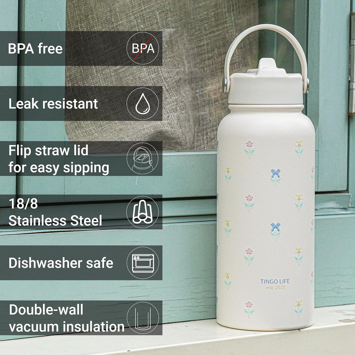 25oz Insulated Stainless Steel Aesthetic Cute Water Bottle - 2 Lids Included (Straw + Sport Handle), Leakproof BPA-Free, Dreamy Cream Cute Floral Design, Perfect Gym/Yoga/Office Companion
