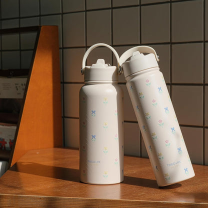 25oz Insulated Stainless Steel Aesthetic Cute Water Bottle - 2 Lids Included (Straw + Sport Handle), Leakproof BPA-Free, Dreamy Cream Cute Floral Design, Perfect Gym/Yoga/Office Companion