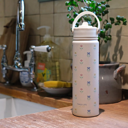 25oz Insulated Stainless Steel Aesthetic Cute Water Bottle - 2 Lids Included (Straw + Sport Handle), Leakproof BPA-Free, Dreamy Cream Cute Floral Design, Perfect Gym/Yoga/Office Companion