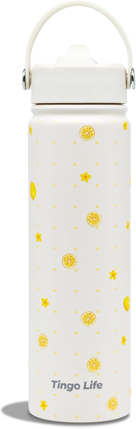 25oz Insulated Stainless Steel Aesthetic Cute Water Bottle - 2 Lids Included (Straw + Sport Handle), Leakproof BPA-Free, Dreamy Cream Cute Floral Design, Perfect Gym/Yoga/Office Companion