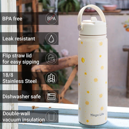 25oz Insulated Stainless Steel Aesthetic Cute Water Bottle - 2 Lids Included (Straw + Sport Handle), Leakproof BPA-Free, Dreamy Cream Cute Floral Design, Perfect Gym/Yoga/Office Companion