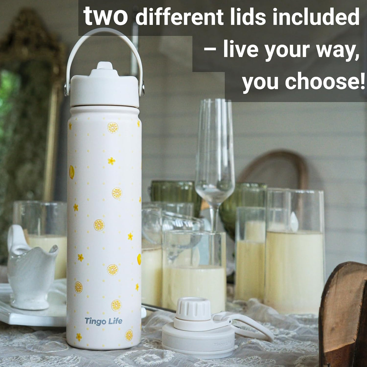 25oz Insulated Stainless Steel Aesthetic Cute Water Bottle - 2 Lids Included (Straw + Sport Handle), Leakproof BPA-Free, Dreamy Cream Cute Floral Design, Perfect Gym/Yoga/Office Companion