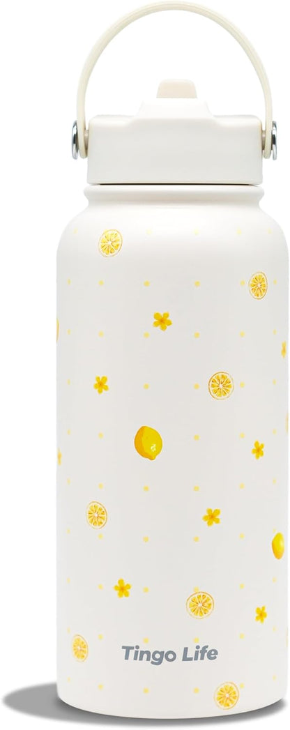 25oz Insulated Stainless Steel Aesthetic Cute Water Bottle - 2 Lids Included (Straw + Sport Handle), Leakproof BPA-Free, Dreamy Cream Cute Floral Design, Perfect Gym/Yoga/Office Companion