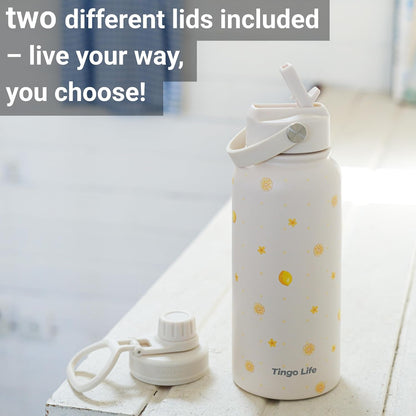 25oz Insulated Stainless Steel Aesthetic Cute Water Bottle - 2 Lids Included (Straw + Sport Handle), Leakproof BPA-Free, Dreamy Cream Cute Floral Design, Perfect Gym/Yoga/Office Companion