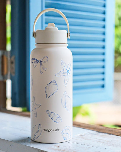 25oz Insulated Stainless Steel Aesthetic Cute Water Bottle - 2 Lids Included (Straw + Sport Handle), Leakproof BPA-Free, Dreamy Cream Cute Floral Design, Perfect Gym/Yoga/Office Companion