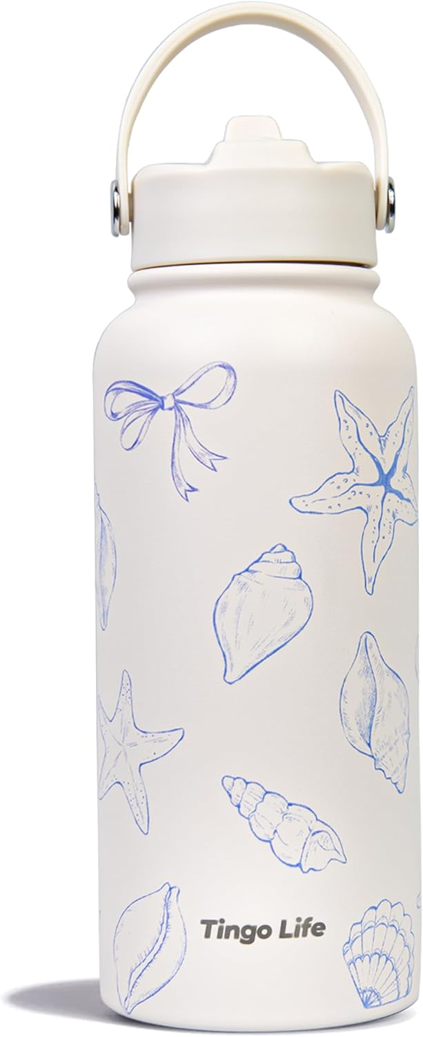 25oz Insulated Stainless Steel Aesthetic Cute Water Bottle - 2 Lids Included (Straw + Sport Handle), Leakproof BPA-Free, Dreamy Cream Cute Floral Design, Perfect Gym/Yoga/Office Companion