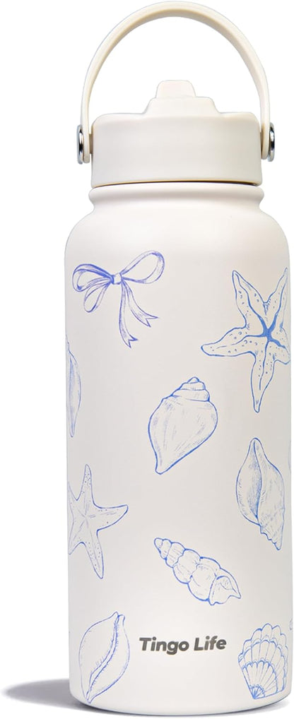 25oz Insulated Stainless Steel Aesthetic Cute Water Bottle - 2 Lids Included (Straw + Sport Handle), Leakproof BPA-Free, Dreamy Cream Cute Floral Design, Perfect Gym/Yoga/Office Companion