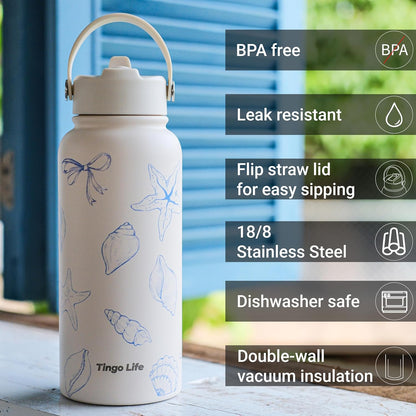 25oz Insulated Stainless Steel Aesthetic Cute Water Bottle - 2 Lids Included (Straw + Sport Handle), Leakproof BPA-Free, Dreamy Cream Cute Floral Design, Perfect Gym/Yoga/Office Companion
