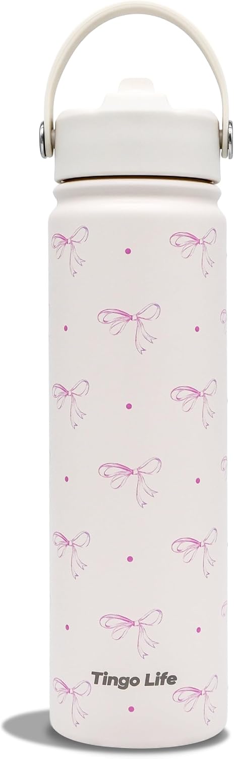 25oz Insulated Stainless Steel Aesthetic Cute Water Bottle - 2 Lids Included (Straw + Sport Handle), Leakproof BPA-Free, Dreamy Cream Cute Floral Design, Perfect Gym/Yoga/Office Companion