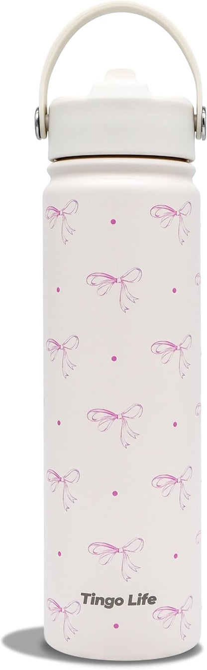 25oz Insulated Stainless Steel Aesthetic Cute Water Bottle - 2 Lids Included (Straw + Sport Handle), Leakproof BPA-Free, Dreamy Cream Cute Floral Design, Perfect Gym/Yoga/Office Companion