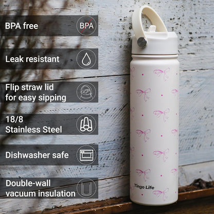 25oz Insulated Stainless Steel Aesthetic Cute Water Bottle - 2 Lids Included (Straw + Sport Handle), Leakproof BPA-Free, Dreamy Cream Cute Floral Design, Perfect Gym/Yoga/Office Companion