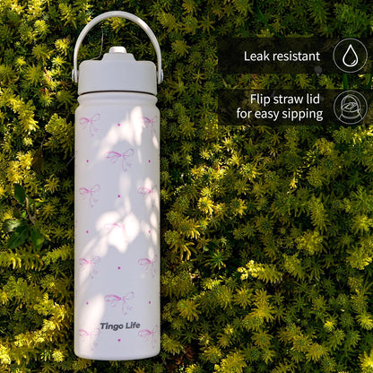 25oz Insulated Stainless Steel Aesthetic Cute Water Bottle - 2 Lids Included (Straw + Sport Handle), Leakproof BPA-Free, Dreamy Cream Cute Floral Design, Perfect Gym/Yoga/Office Companion