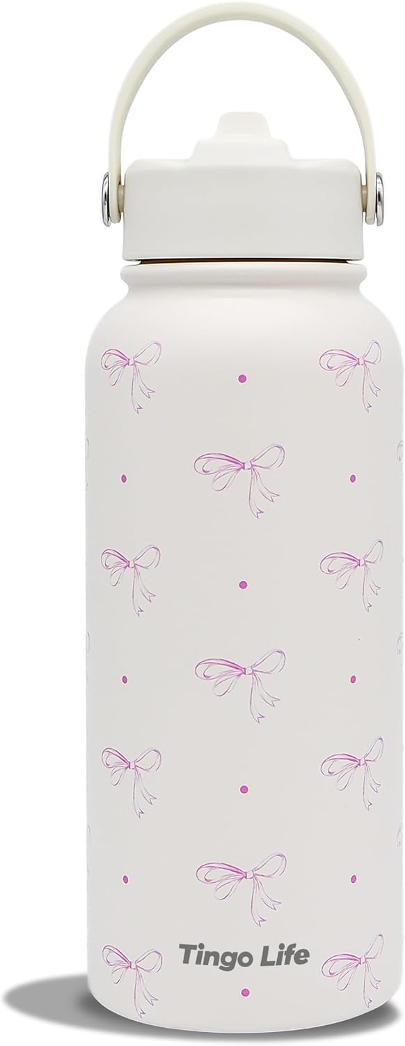 25oz Insulated Stainless Steel Aesthetic Cute Water Bottle - 2 Lids Included (Straw + Sport Handle), Leakproof BPA-Free, Dreamy Cream Cute Floral Design, Perfect Gym/Yoga/Office Companion
