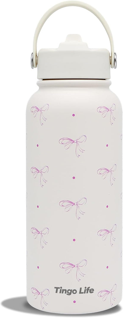 25oz Insulated Stainless Steel Aesthetic Cute Water Bottle - 2 Lids Included (Straw + Sport Handle), Leakproof BPA-Free, Dreamy Cream Cute Floral Design, Perfect Gym/Yoga/Office Companion