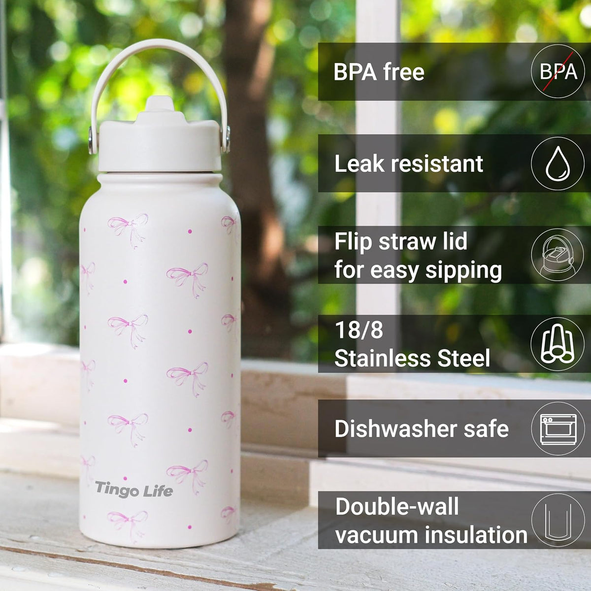 25oz Insulated Stainless Steel Aesthetic Cute Water Bottle - 2 Lids Included (Straw + Sport Handle), Leakproof BPA-Free, Dreamy Cream Cute Floral Design, Perfect Gym/Yoga/Office Companion