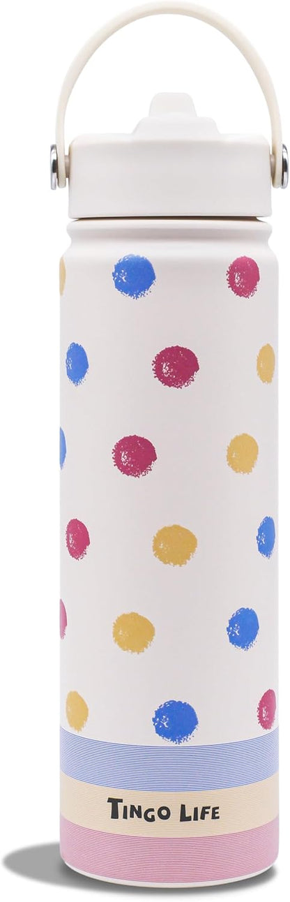 25oz Insulated Stainless Steel Aesthetic Cute Water Bottle - 2 Lids Included (Straw + Sport Handle), Leakproof BPA-Free, Dreamy Cream Cute Floral Design, Perfect Gym/Yoga/Office Companion