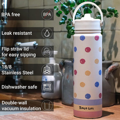 25oz Insulated Stainless Steel Aesthetic Cute Water Bottle - 2 Lids Included (Straw + Sport Handle), Leakproof BPA-Free, Dreamy Cream Cute Floral Design, Perfect Gym/Yoga/Office Companion