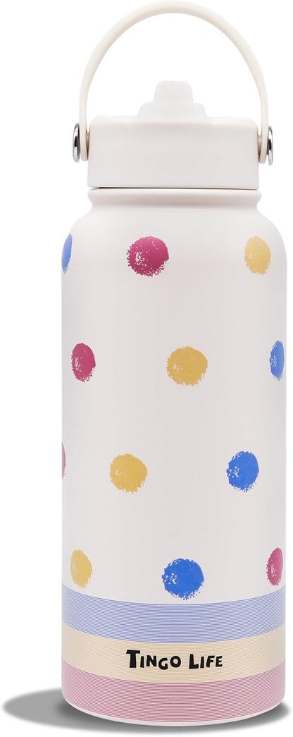 25oz Insulated Stainless Steel Aesthetic Cute Water Bottle - 2 Lids Included (Straw + Sport Handle), Leakproof BPA-Free, Dreamy Cream Cute Floral Design, Perfect Gym/Yoga/Office Companion