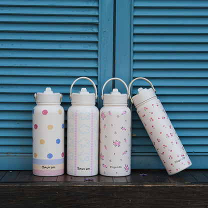 25oz Insulated Stainless Steel Aesthetic Cute Water Bottle - 2 Lids Included (Straw + Sport Handle), Leakproof BPA-Free, Dreamy Cream Cute Floral Design, Perfect Gym/Yoga/Office Companion