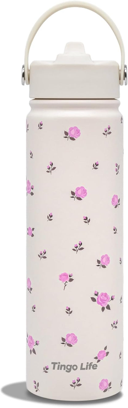 25oz Insulated Stainless Steel Aesthetic Cute Water Bottle - 2 Lids Included (Straw + Sport Handle), Leakproof BPA-Free, Dreamy Cream Cute Floral Design, Perfect Gym/Yoga/Office Companion