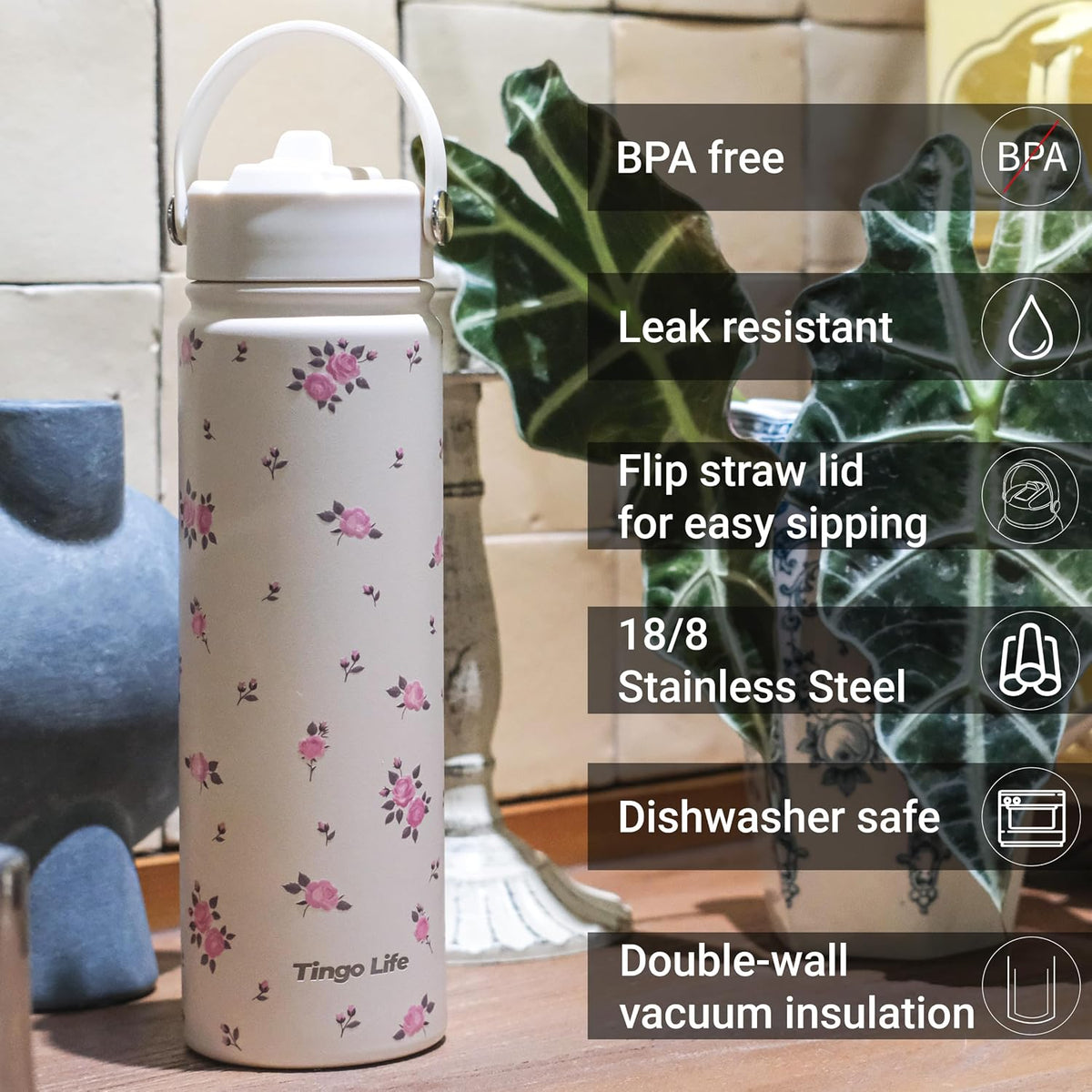 25oz Insulated Stainless Steel Aesthetic Cute Water Bottle - 2 Lids Included (Straw + Sport Handle), Leakproof BPA-Free, Dreamy Cream Cute Floral Design, Perfect Gym/Yoga/Office Companion