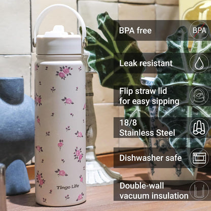 25oz Insulated Stainless Steel Aesthetic Cute Water Bottle - 2 Lids Included (Straw + Sport Handle), Leakproof BPA-Free, Dreamy Cream Cute Floral Design, Perfect Gym/Yoga/Office Companion