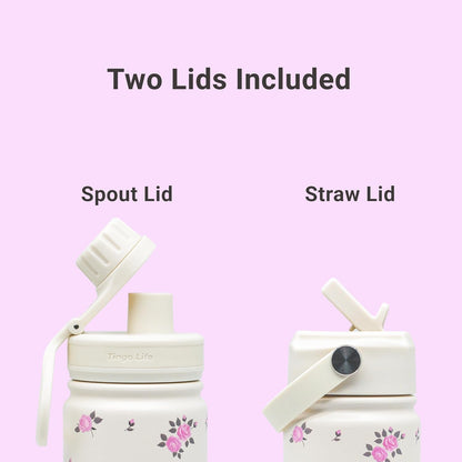 25oz Insulated Stainless Steel Aesthetic Cute Water Bottle - 2 Lids Included (Straw + Sport Handle), Leakproof BPA-Free, Dreamy Cream Cute Floral Design, Perfect Gym/Yoga/Office Companion