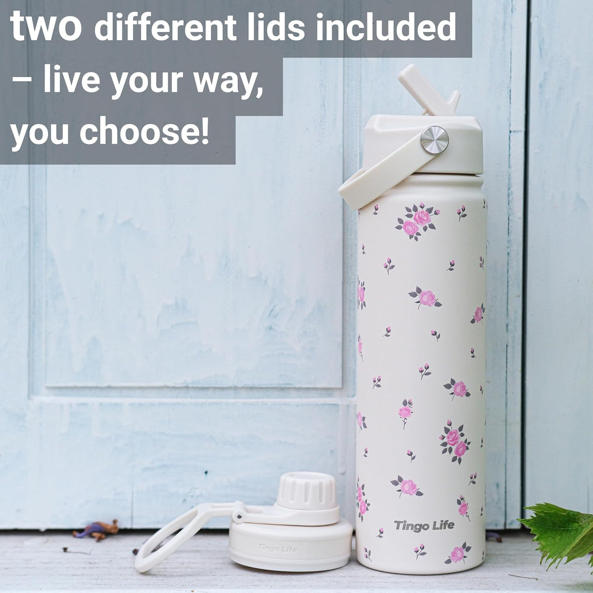 25oz Insulated Stainless Steel Aesthetic Cute Water Bottle - 2 Lids Included (Straw + Sport Handle), Leakproof BPA-Free, Dreamy Cream Cute Floral Design, Perfect Gym/Yoga/Office Companion
