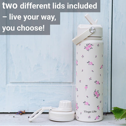 25oz Insulated Stainless Steel Aesthetic Cute Water Bottle - 2 Lids Included (Straw + Sport Handle), Leakproof BPA-Free, Dreamy Cream Cute Floral Design, Perfect Gym/Yoga/Office Companion