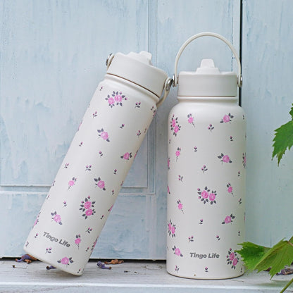 25oz Insulated Stainless Steel Aesthetic Cute Water Bottle - 2 Lids Included (Straw + Sport Handle), Leakproof BPA-Free, Dreamy Cream Cute Floral Design, Perfect Gym/Yoga/Office Companion
