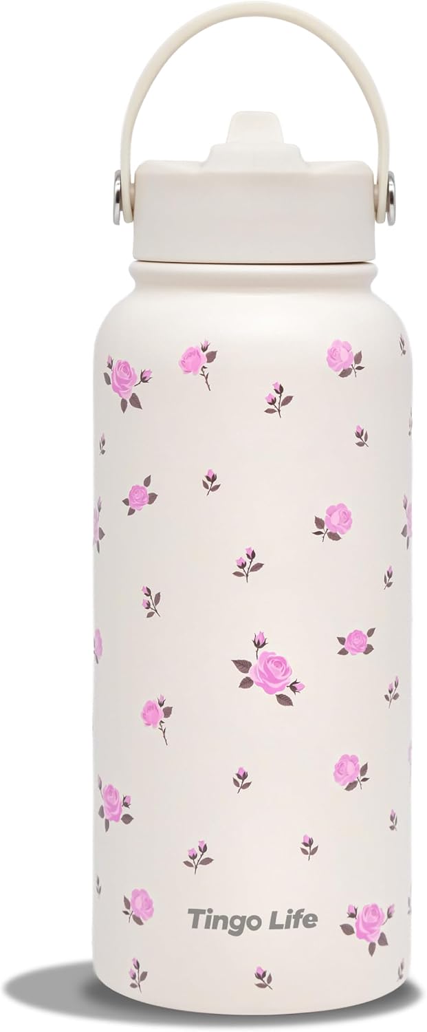 25oz Insulated Stainless Steel Aesthetic Cute Water Bottle - 2 Lids Included (Straw + Sport Handle), Leakproof BPA-Free, Dreamy Cream Cute Floral Design, Perfect Gym/Yoga/Office Companion
