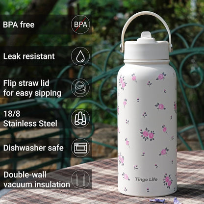 25oz Insulated Stainless Steel Aesthetic Cute Water Bottle - 2 Lids Included (Straw + Sport Handle), Leakproof BPA-Free, Dreamy Cream Cute Floral Design, Perfect Gym/Yoga/Office Companion