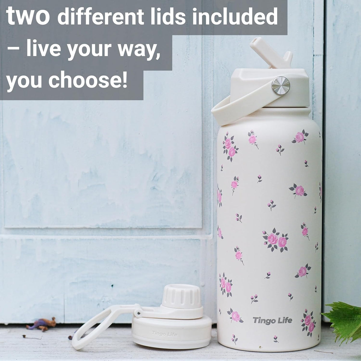 25oz Insulated Stainless Steel Aesthetic Cute Water Bottle - 2 Lids Included (Straw + Sport Handle), Leakproof BPA-Free, Dreamy Cream Cute Floral Design, Perfect Gym/Yoga/Office Companion