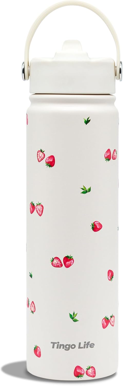25oz Insulated Stainless Steel Aesthetic Cute Water Bottle - 2 Lids Included (Straw + Sport Handle), Leakproof BPA-Free, Dreamy Cream Cute Floral Design, Perfect Gym/Yoga/Office Companion