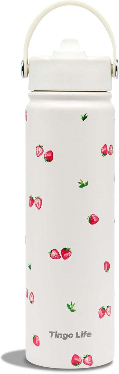25oz Insulated Stainless Steel Aesthetic Cute Water Bottle - 2 Lids Included (Straw + Sport Handle), Leakproof BPA-Free, Dreamy Cream Cute Floral Design, Perfect Gym/Yoga/Office Companion