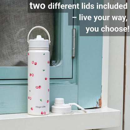 25oz Insulated Stainless Steel Aesthetic Cute Water Bottle - 2 Lids Included (Straw + Sport Handle), Leakproof BPA-Free, Dreamy Cream Cute Floral Design, Perfect Gym/Yoga/Office Companion