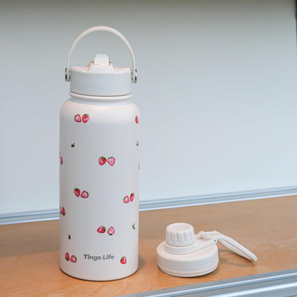 25oz Insulated Stainless Steel Aesthetic Cute Water Bottle - 2 Lids Included (Straw + Sport Handle), Leakproof BPA-Free, Dreamy Cream Cute Floral Design, Perfect Gym/Yoga/Office Companion