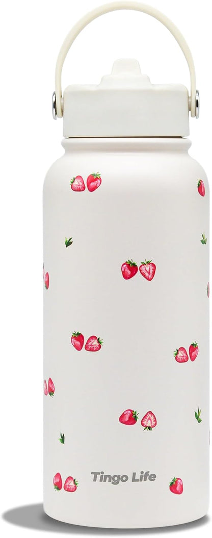25oz Insulated Stainless Steel Aesthetic Cute Water Bottle - 2 Lids Included (Straw + Sport Handle), Leakproof BPA-Free, Dreamy Cream Cute Floral Design, Perfect Gym/Yoga/Office Companion