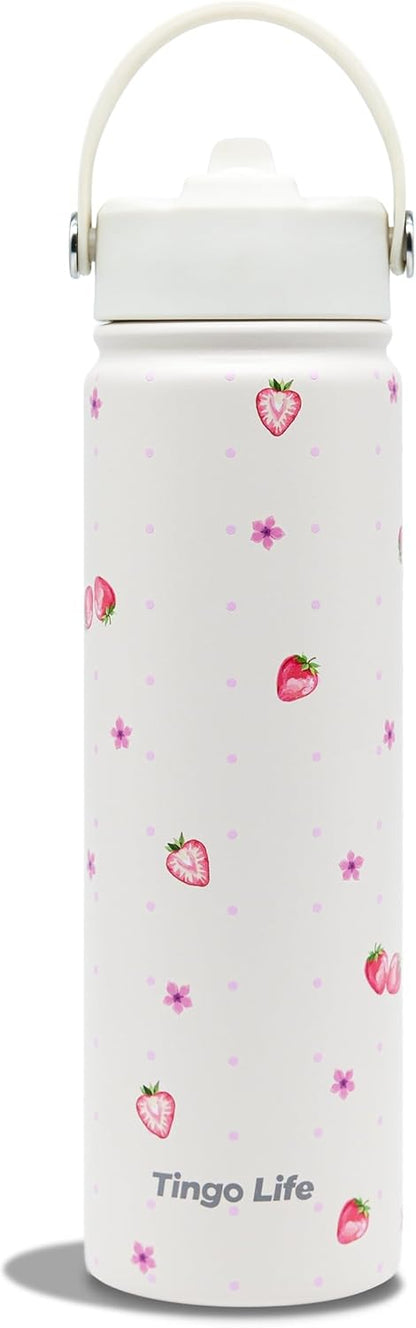25oz Insulated Stainless Steel Aesthetic Cute Water Bottle - 2 Lids Included (Straw + Sport Handle), Leakproof BPA-Free, Dreamy Cream Cute Floral Design, Perfect Gym/Yoga/Office Companion