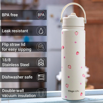 25oz Insulated Stainless Steel Aesthetic Cute Water Bottle - 2 Lids Included (Straw + Sport Handle), Leakproof BPA-Free, Dreamy Cream Cute Floral Design, Perfect Gym/Yoga/Office Companion