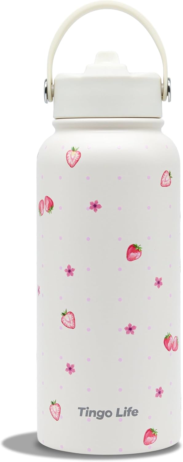 25oz Insulated Stainless Steel Aesthetic Cute Water Bottle - 2 Lids Included (Straw + Sport Handle), Leakproof BPA-Free, Dreamy Cream Cute Floral Design, Perfect Gym/Yoga/Office Companion