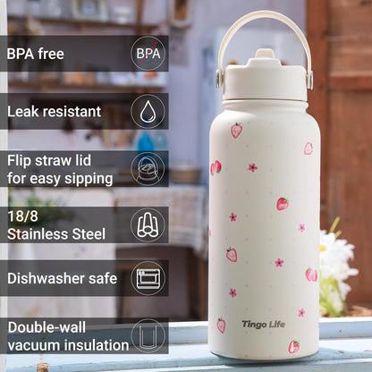 25oz Insulated Stainless Steel Aesthetic Cute Water Bottle - 2 Lids Included (Straw + Sport Handle), Leakproof BPA-Free, Dreamy Cream Cute Floral Design, Perfect Gym/Yoga/Office Companion